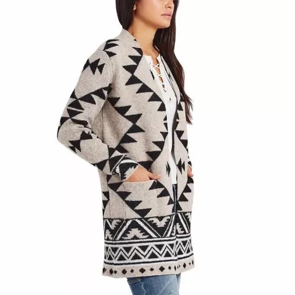 Frye Tan Black Aztec Southwestern Print Cardigan Sweater Duster Long SIZE S - Picture 1 of 16